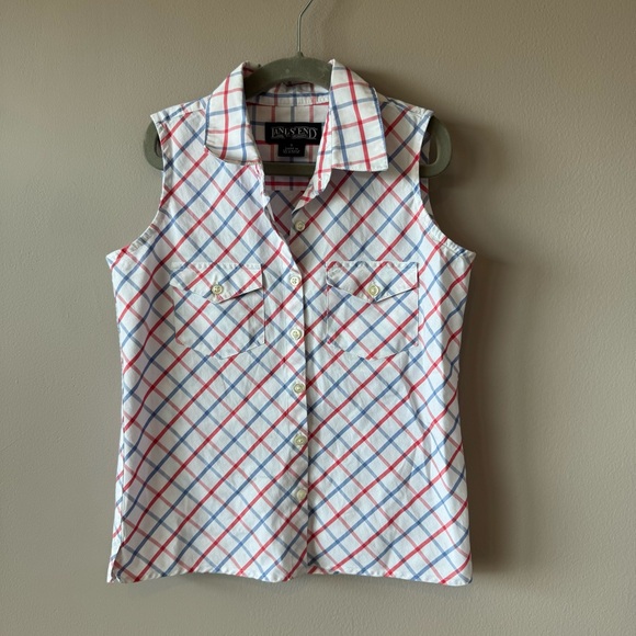 Lands End Girls Red White Blue Madras Plaid Sleeveless Button Down Top‎ Size 7 - Picture 1 of 13